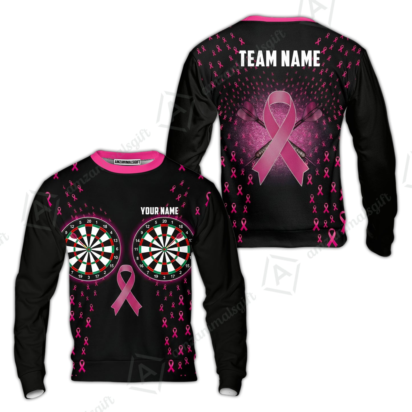 Custom Darts Team Jersey, Personalized Pink Ribbon Darts Polo Shirt For Players With Name & Team Name