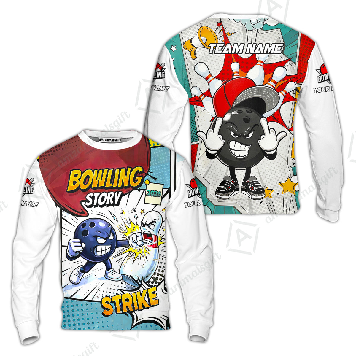 Customized Bowling Team Shirt, Comic Bowling Story Strike Cartoon, Bowling Uniforms, Personalized Name And Team Name