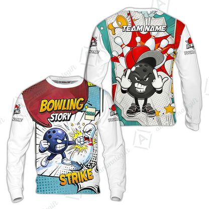 Customized Bowling Team Shirt, Comic Bowling Story Strike Cartoon, Bowling Uniforms, Personalized Name And Team Name