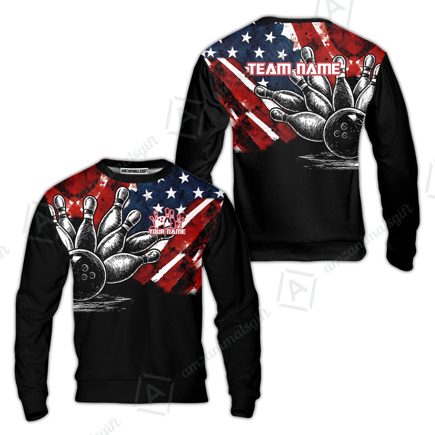 Custom Bowling Jersey Polo Shirt, American Flag and Bowling Pins Sketch, Custom Bowling Jersey Team Shirt For Players With Name and Team Name