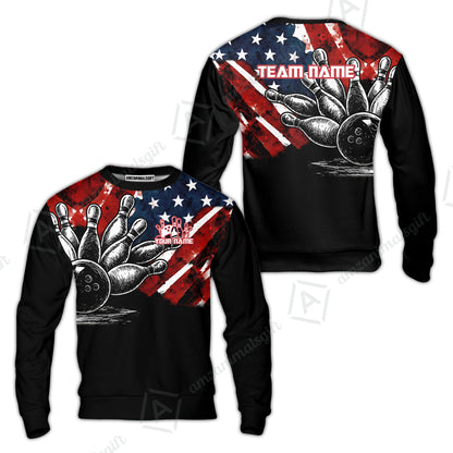 Custom Bowling Jersey Polo Shirt, American Flag and Bowling Pins Sketch, Custom Bowling Jersey Team Shirt For Players With Name and Team Name