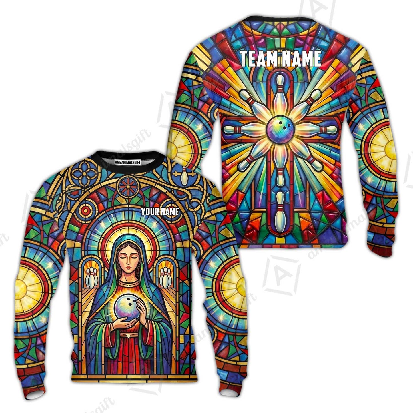 Custom Bowling Jersey Polo Shirt, Stained Glass Sacred Strike, Custom Bowling Jersey Team Shirt For Players With Name & Team Name