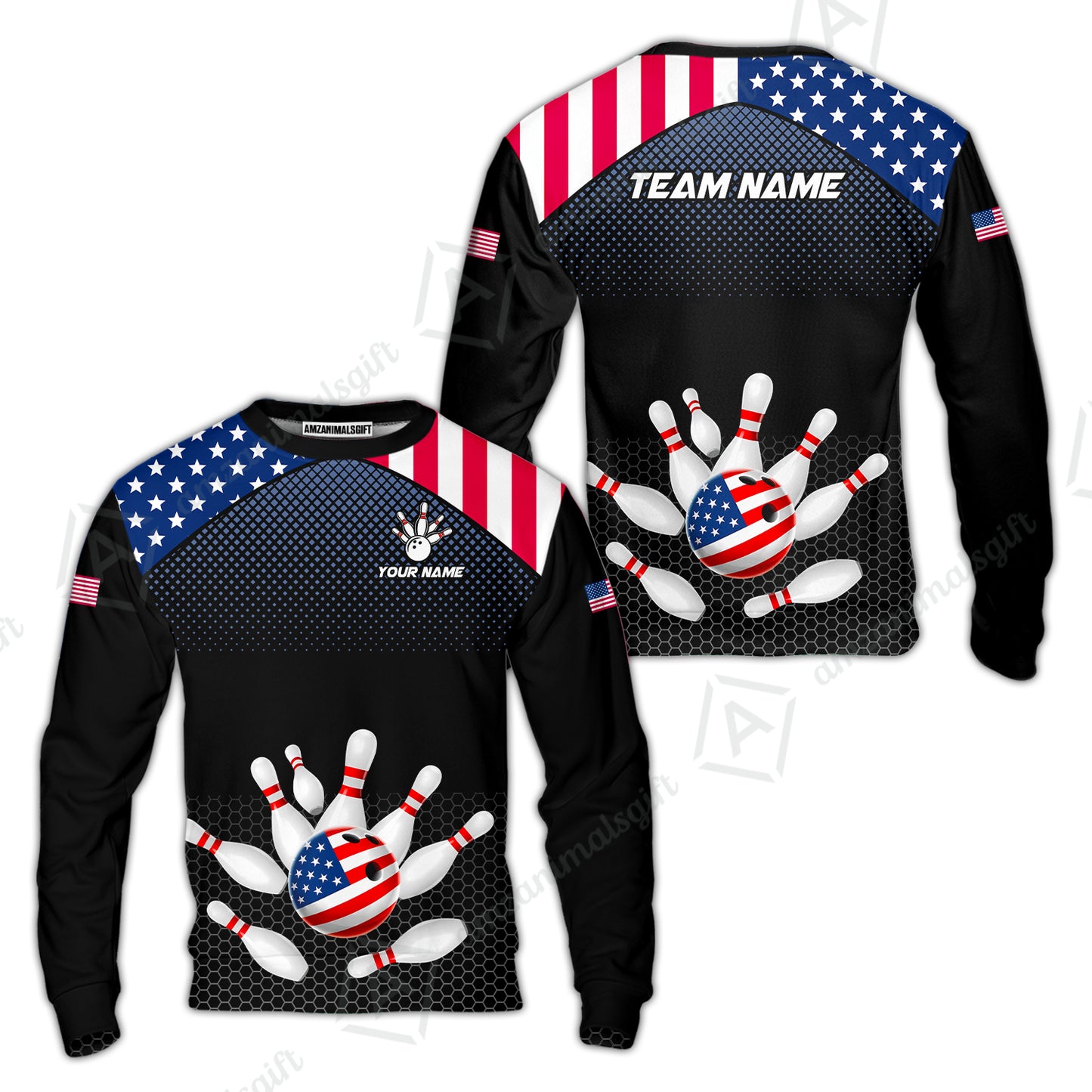 Custom Bowling Jersey Polo Shirt, Patriotic USA Flag Stars Stripes Tech Hexagon Pattern, Custom Bowling Jersey Team Shirt For Players With Name & Team Name