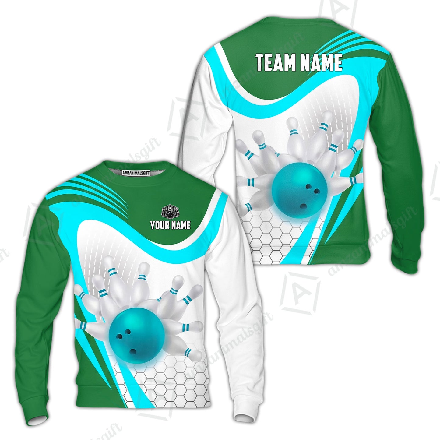 Custom Bowling Jersey Polo Shirt, Geometric Streamline & Fresh Mint, Custom Bowling Jersey Team Shirt For Players With Name & Team Name