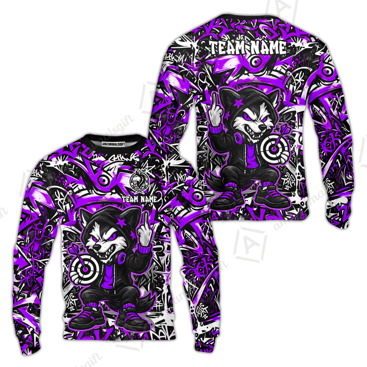 Customized Darts Team Uniform Shirt, Cool Cartoon Wolf With Dartboard, Personalized Name And Team Name