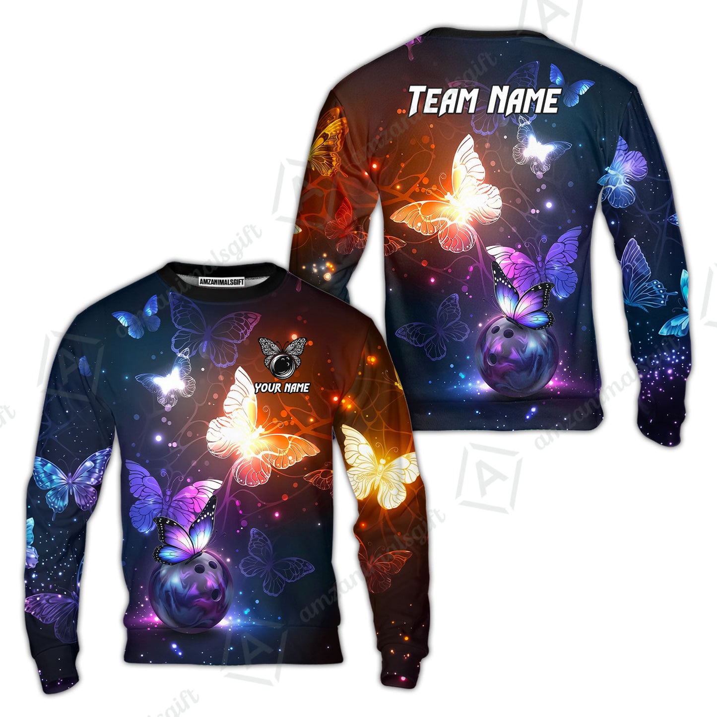 Custom Bowling Jersey Polo Shirt, Magical Glowing Butterfly Galaxy Pattern, Custom Bowling Jersey Team Shirt For Players With Name & Team Name