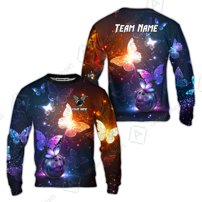 Custom Bowling Jersey Polo Shirt, Magical Glowing Butterfly Galaxy Pattern, Custom Bowling Jersey Team Shirt For Players With Name & Team Name