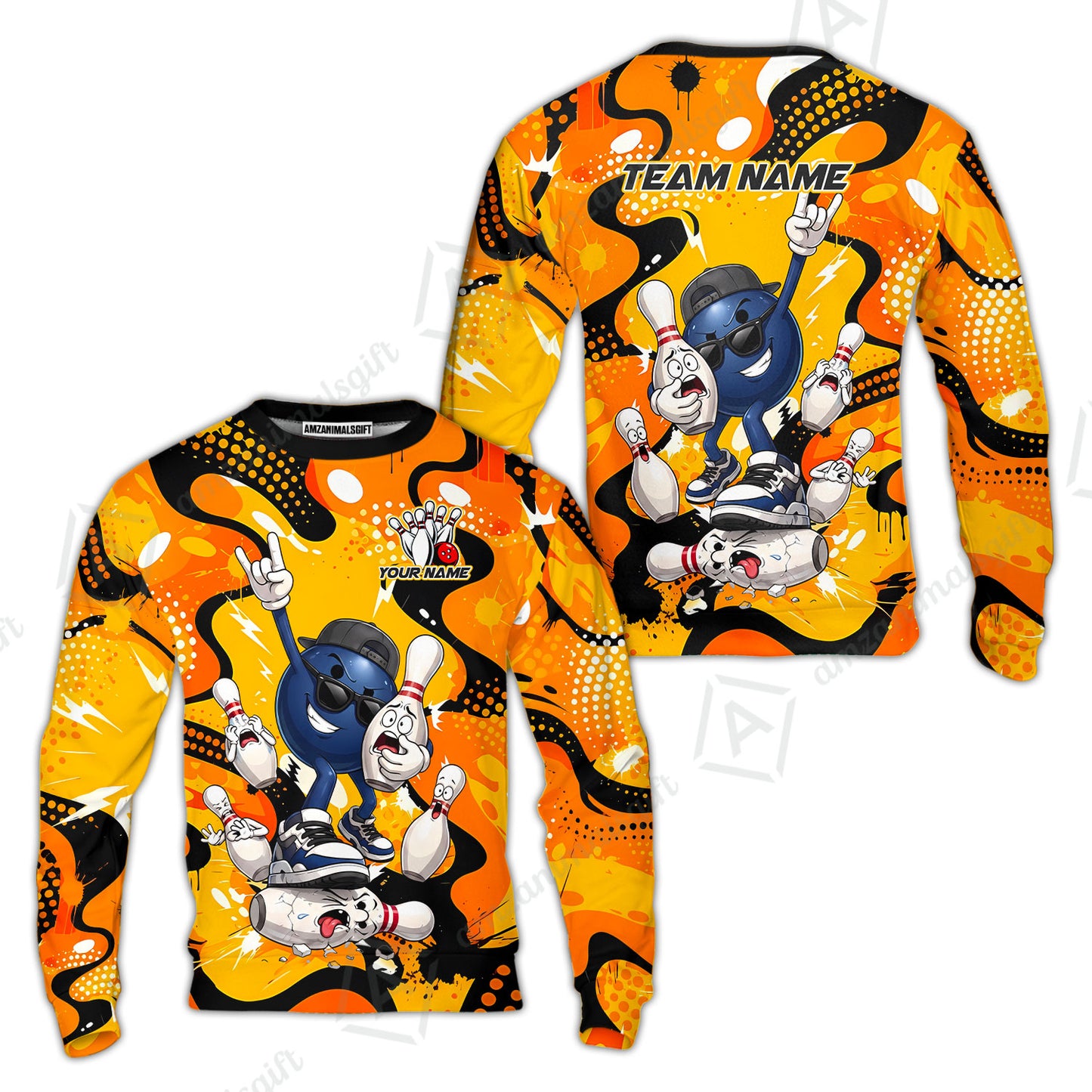 Custom Bowling Jersey Polo Shirt, Bowling Comic Book Art Orange Dot Flat Design, Personalize Name and Team Name