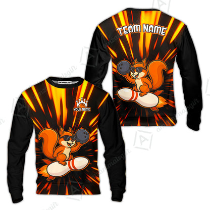 Funny Bowling Custom Polo T-Shirt - Fun Cartoon Flame With Squirrel Wearing Sunglasses, Personalized Bowling Jersey Polo Shirts