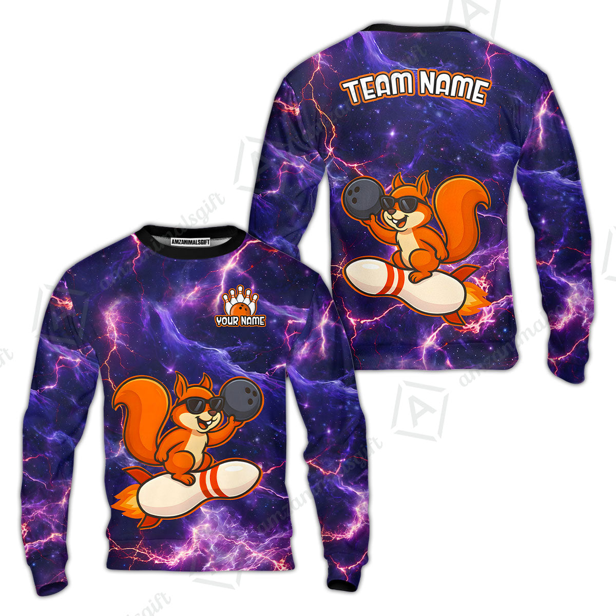 Funny Bowling Custom Polo T-Shirt - Fun Cartoon Purple Galaxy With Lightning Squirrel Wearing Sunglasses, Personalized Bowling Jersey Polo Shirts