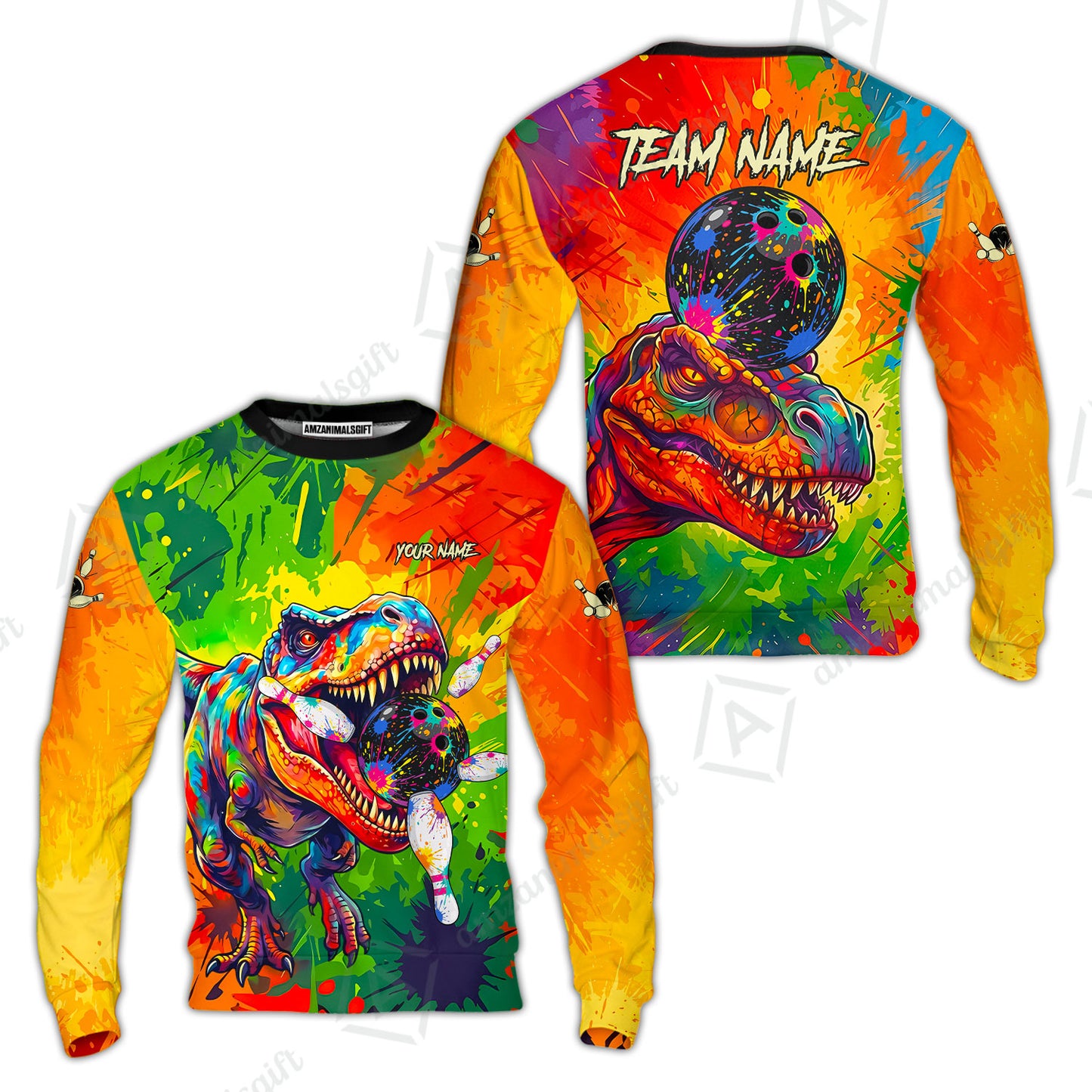 Custom Bowling Jersey Polo Shirt, Colorful Splatter T-Rex Dino, Custom Bowling Jersey Team Shirt For Players With Name and Team Name