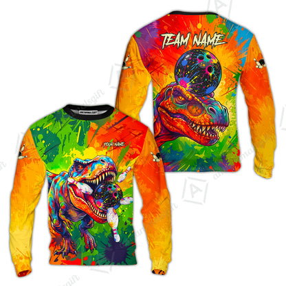 Custom Bowling Jersey Polo Shirt, Colorful Splatter T-Rex Dino, Custom Bowling Jersey Team Shirt For Players With Name and Team Name