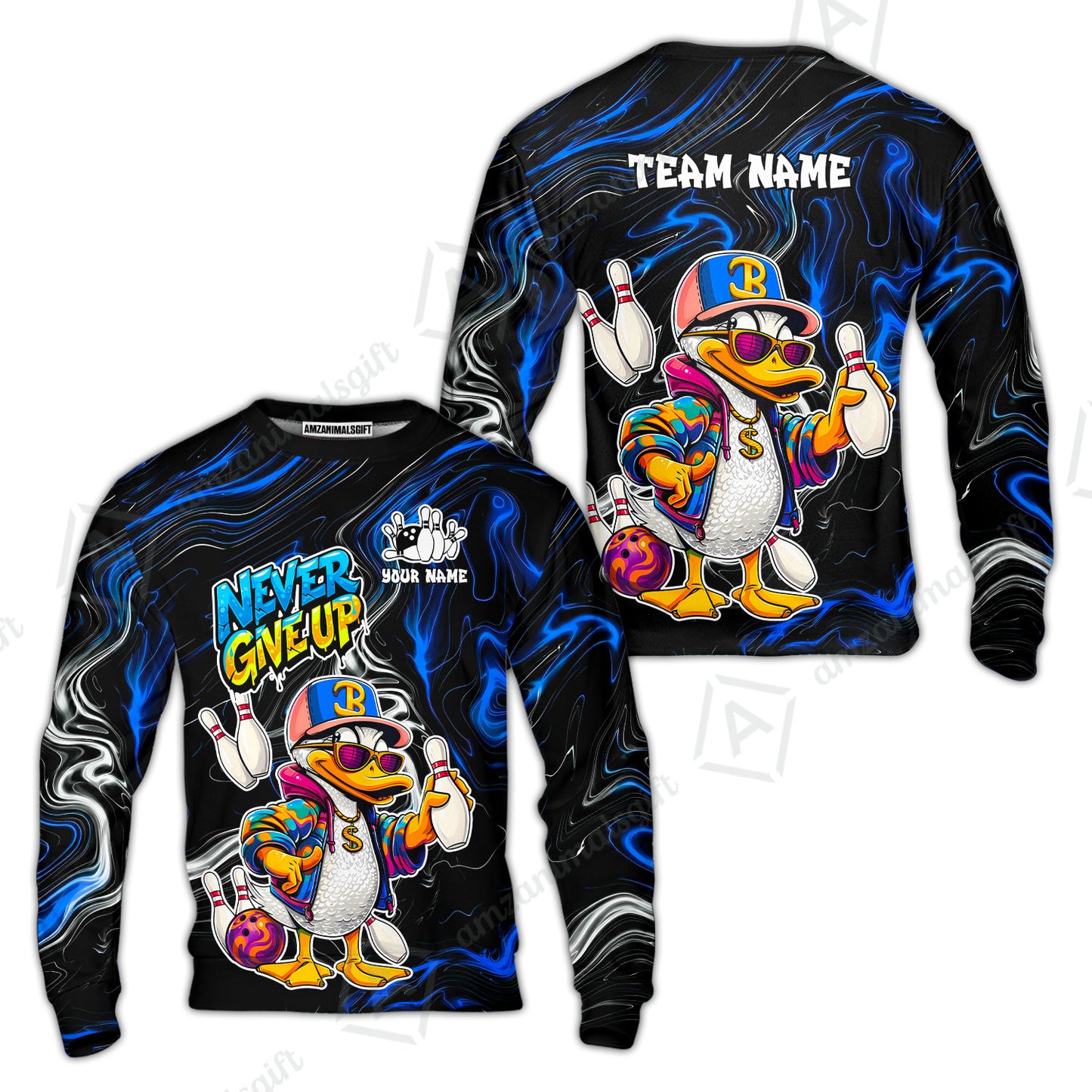 Custom Bowling Jersey Polo Shirt, Duck Never Give Up, Custom Bowling Jersey Team Shirt For Players With Name & Team Name