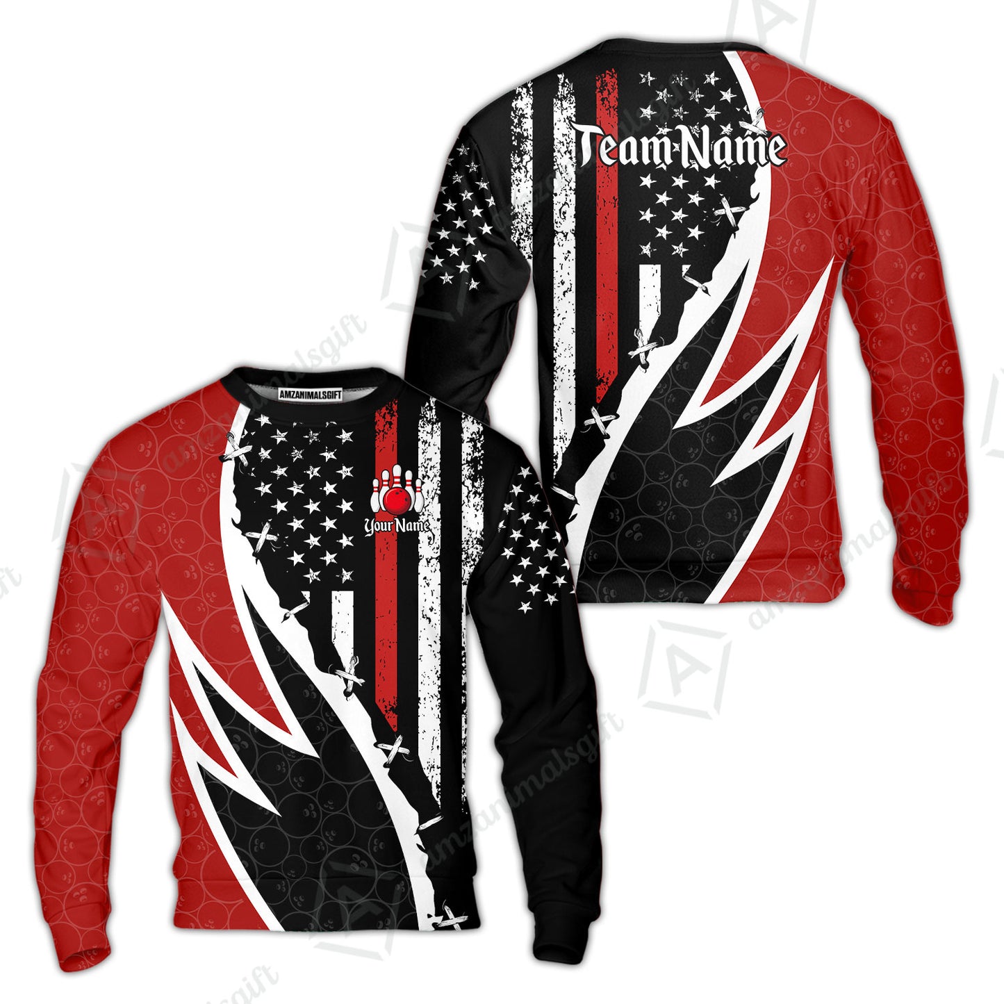 Custom Bowling Jersey Polo Shirt, Thin Red Line With Vintage Distressed American Flag, Personalize Name and Team Name
