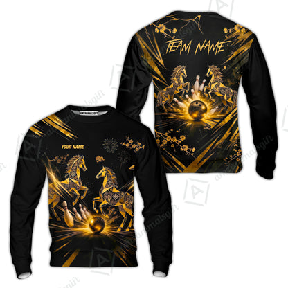 Custom Bowling Jersey Polo Shirt, Black Gold Horse, Custom Bowling Jersey Team Shirt For Players With Name & Team Name