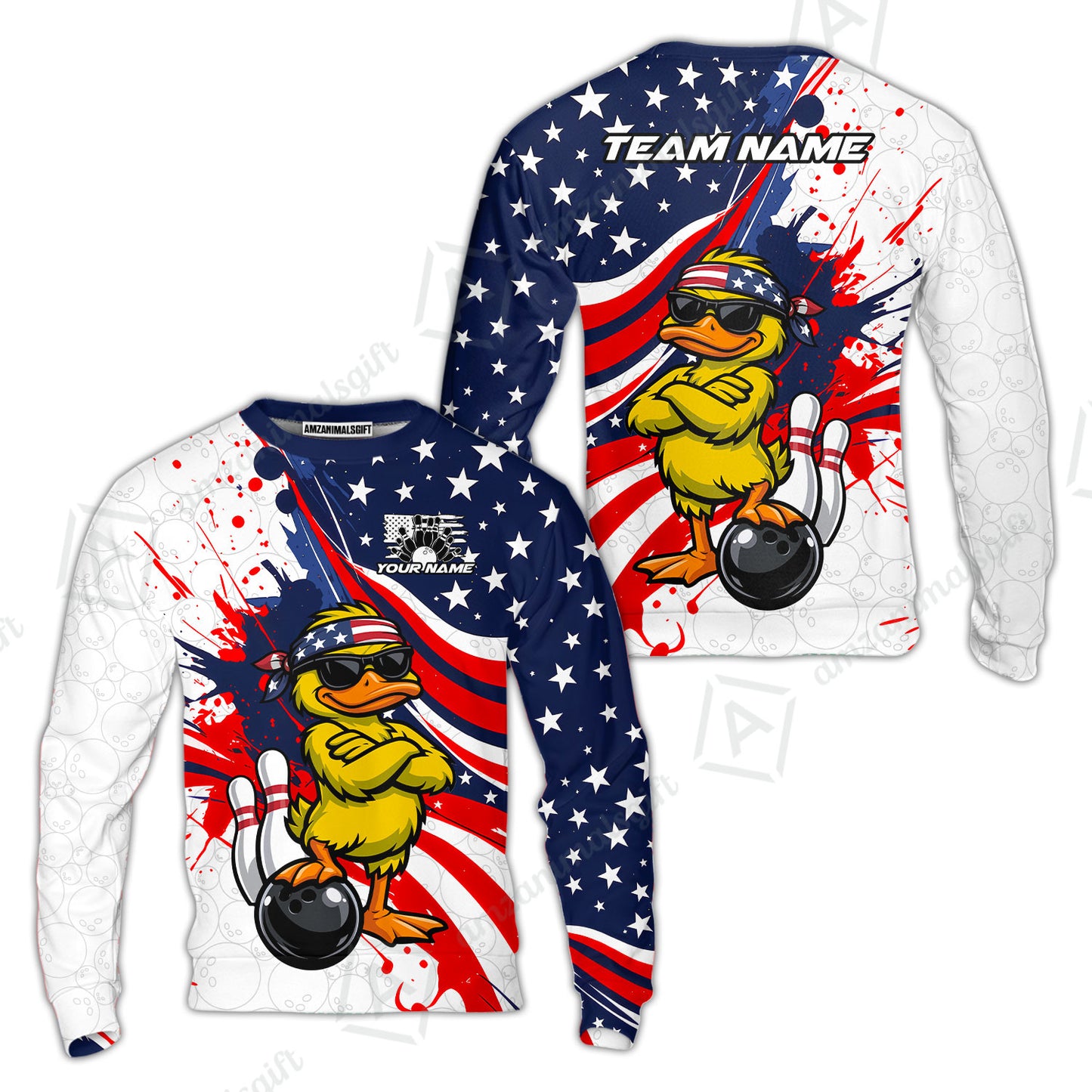 Custom Bowling Jersey Polo Shirt, Patriotic Cool Duckling Mascot, Custom Bowling Jersey Team Shirt For Players With Name and Team Name