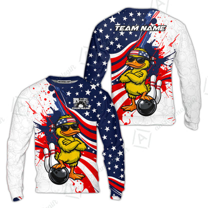 Custom Bowling Jersey Polo Shirt, Patriotic Cool Duckling Mascot, Custom Bowling Jersey Team Shirt For Players With Name and Team Name