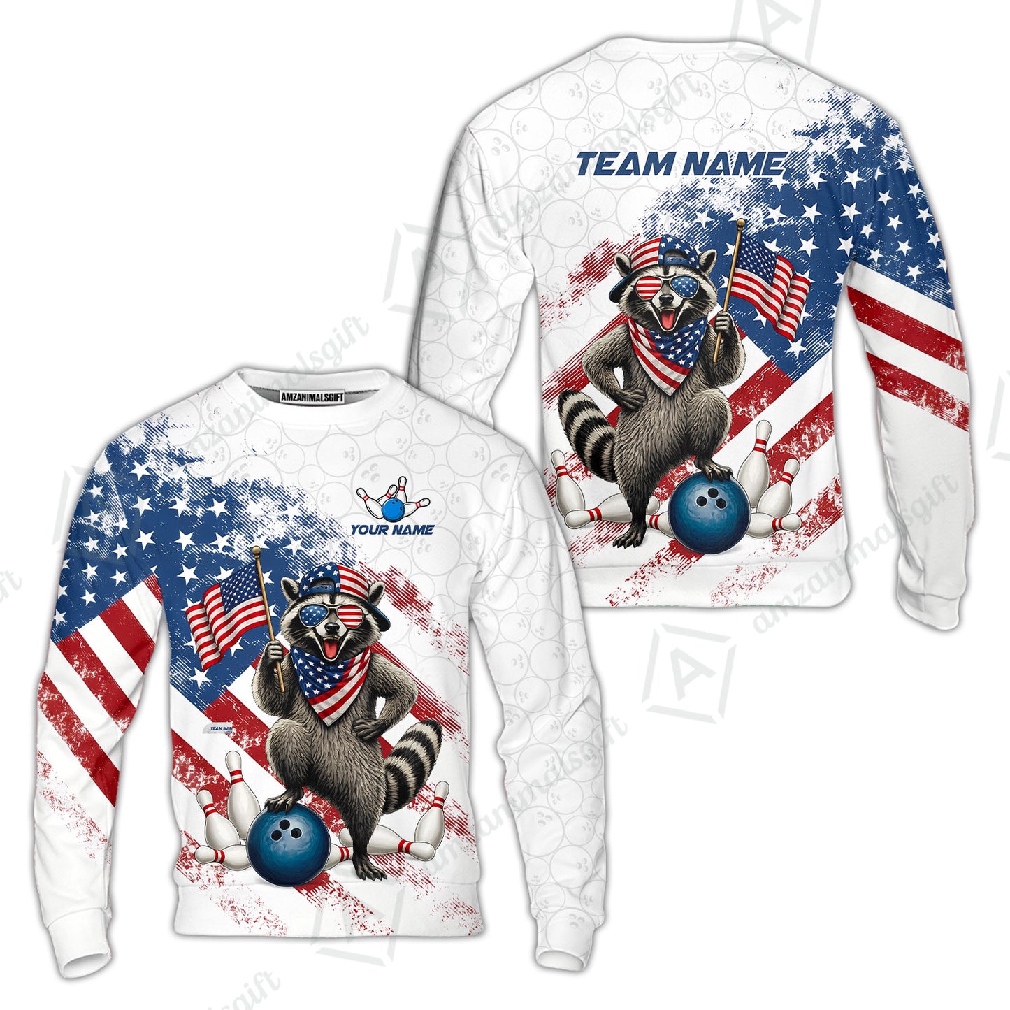 Custom Bowling Jersey Polo Shirt, Racoon America Flag Bowling Pattern, Personalize Name and Team Name