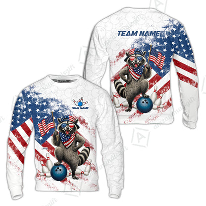Custom Bowling Jersey Polo Shirt, Racoon America Flag Bowling Pattern, Personalize Name and Team Name