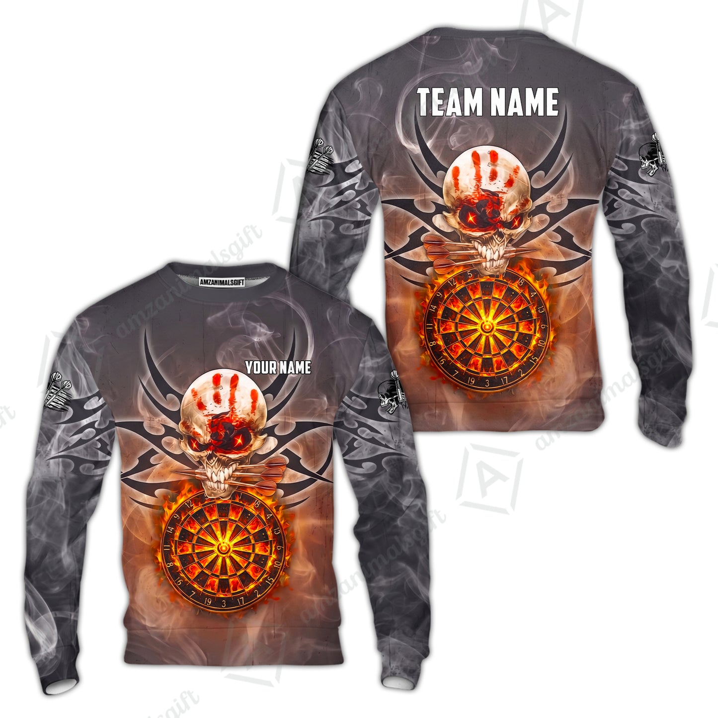 Custom Darts Jersey Polo Shirt, Glowing Fire Skull Tribal, Custom Dart Jersey Team Shirt For Players With Name & Team Name