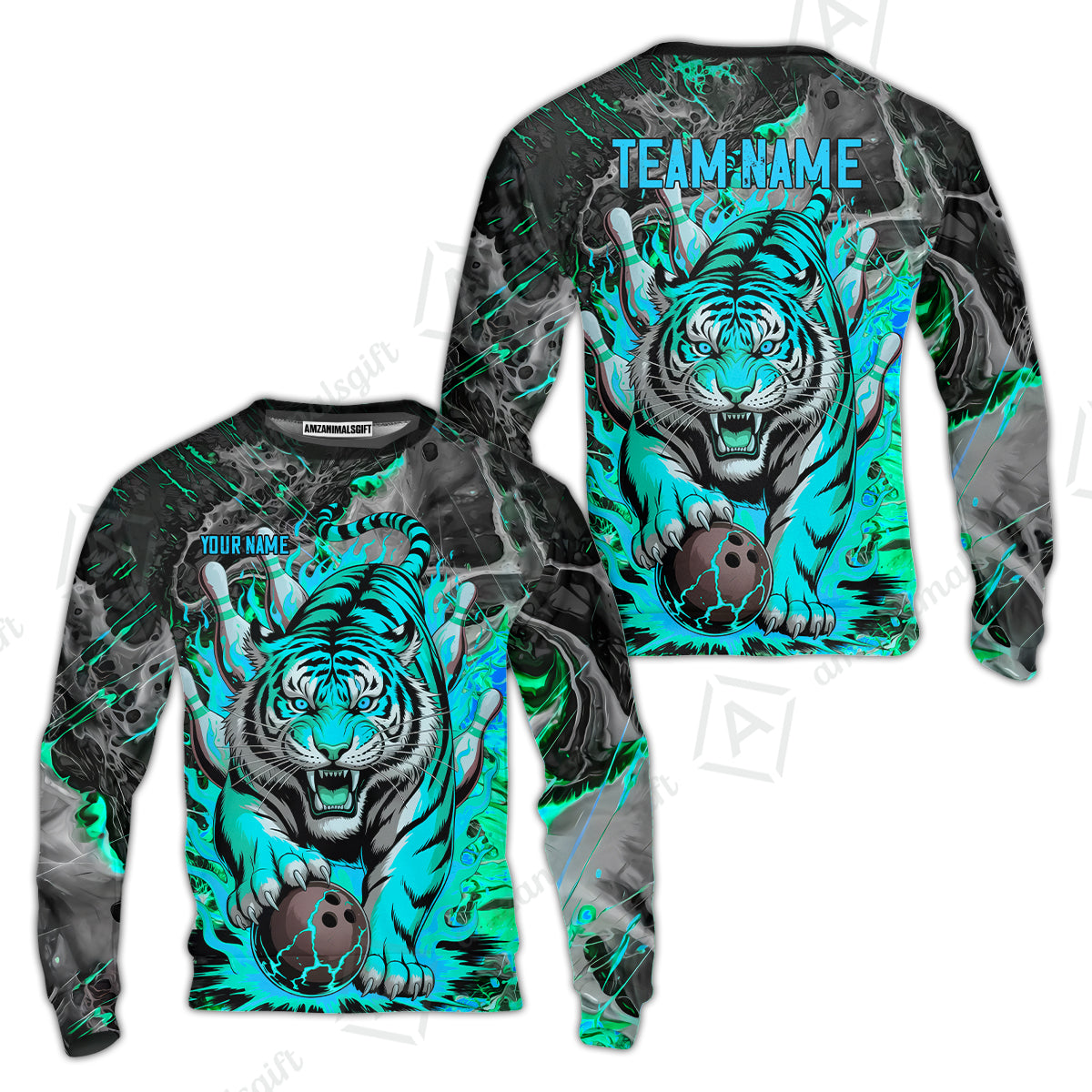 Custom Bowling Team Jersey, Tiger Gripping A Bowling Ball, Bowling Uniforms, Personalize Name And Team Name