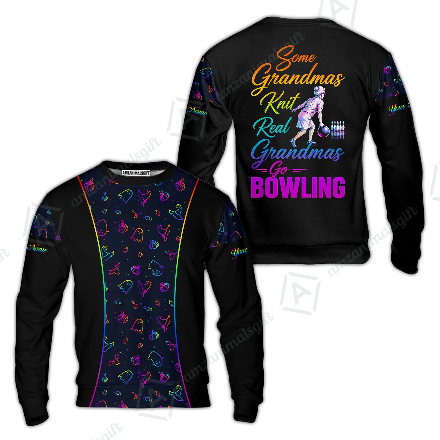 Custom Bowling Jersey Polo Shirt, Some Grandmas Bowl Real Grandmas Play Bowling Halloween Rainbow Pattern, Personalized Name And Team Name