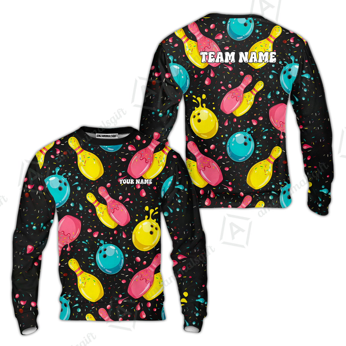 Customized Bowling Unisex Polo Shirt, Funny Colorful Donuts Bowling Pins and Ball, Personalized Name And Team Name