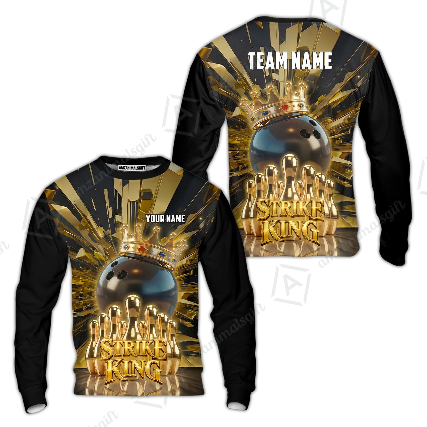 Custom Bowling Jersey Polo Shirt, Luxury Gold Strike King Crown, Custom Bowling Jersey Team Shirt For Players With Name and Team Name