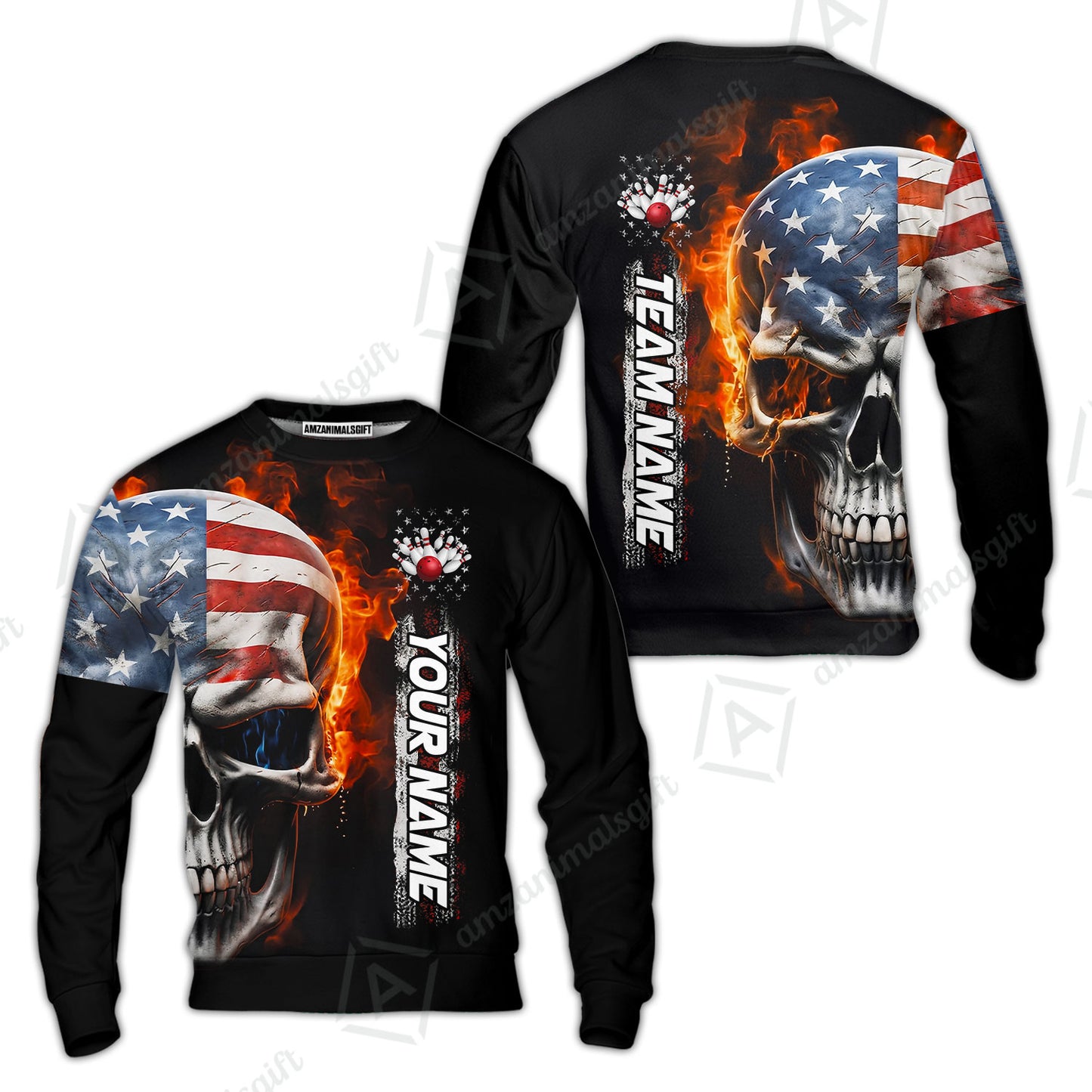Custom Flaming USA Flag Bowling Jersey Polo Shirt, Custom Flaming USA Flag Bowling Jersey Team Shirt For Players With Name & Team Name