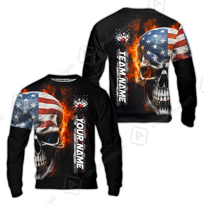Custom Flaming USA Flag Bowling Jersey Polo Shirt, Custom Flaming USA Flag Bowling Jersey Team Shirt For Players With Name & Team Name