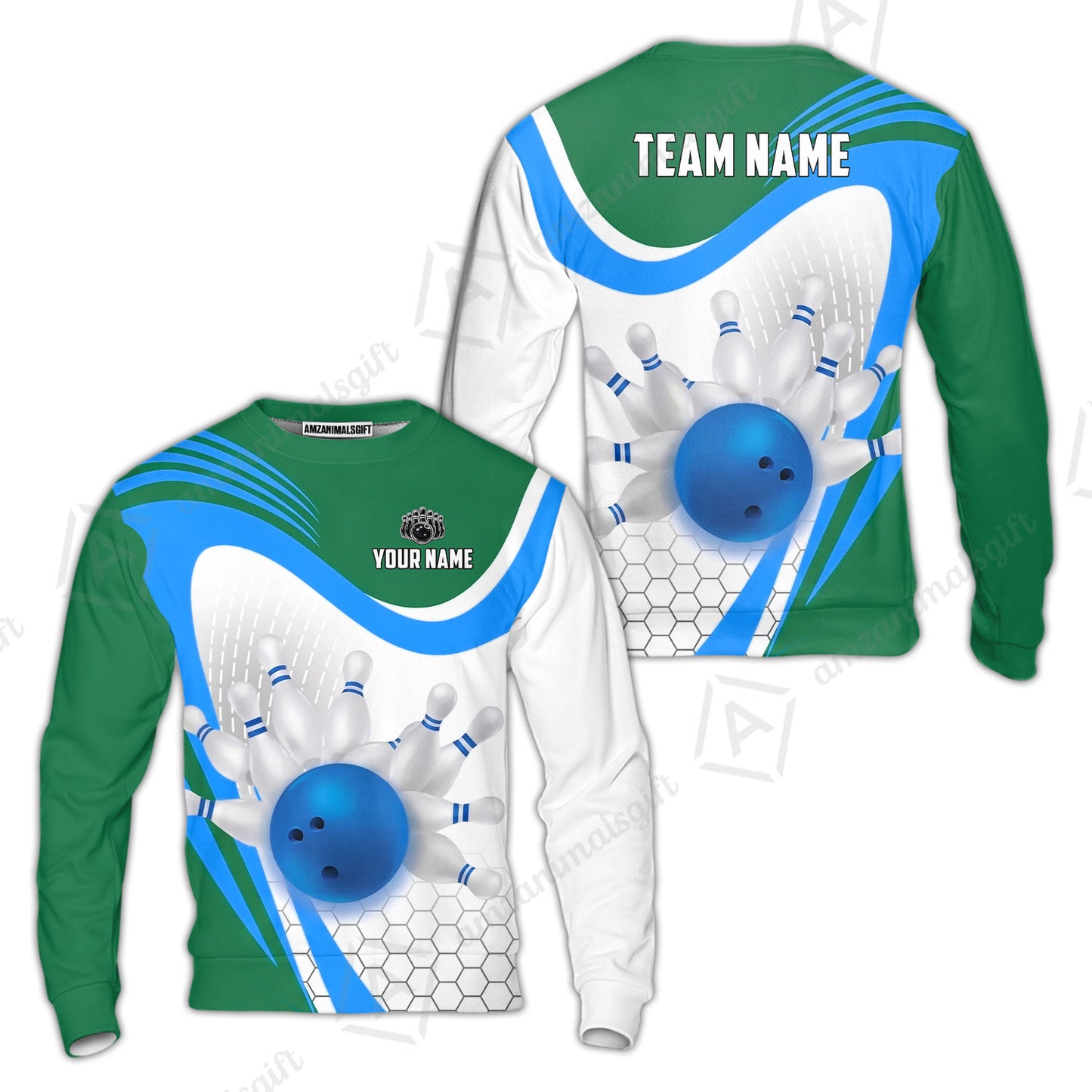 Custom Bowling Jersey Polo Shirt, Geometric Streamline & Fresh Mint, Custom Bowling Jersey Team Shirt For Players With Name & Team Name