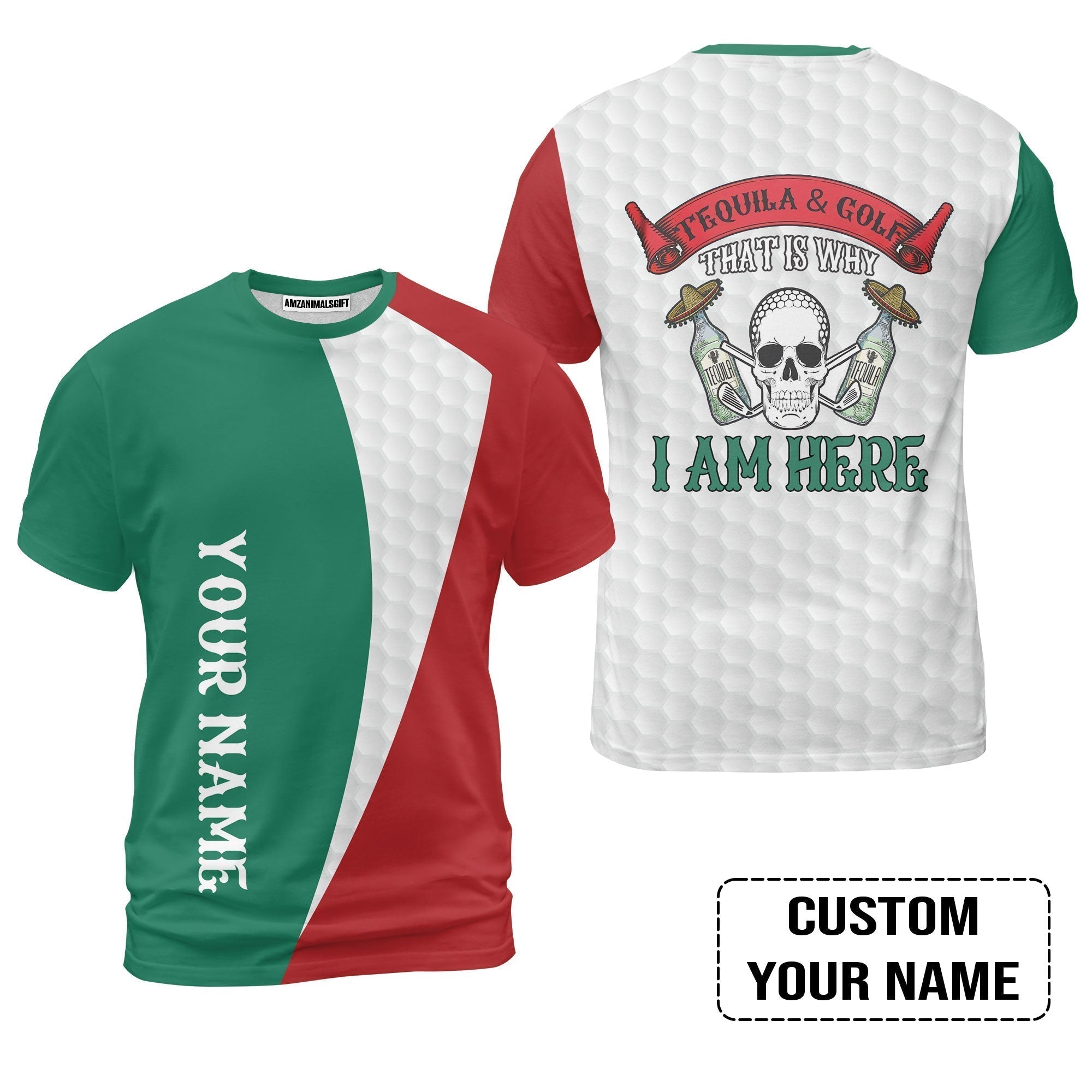 Custom Golf T-Shirt - Golf Men Custom Name T-Shirt, Tequila & Golf, Skull Golf Custom T-Shirt