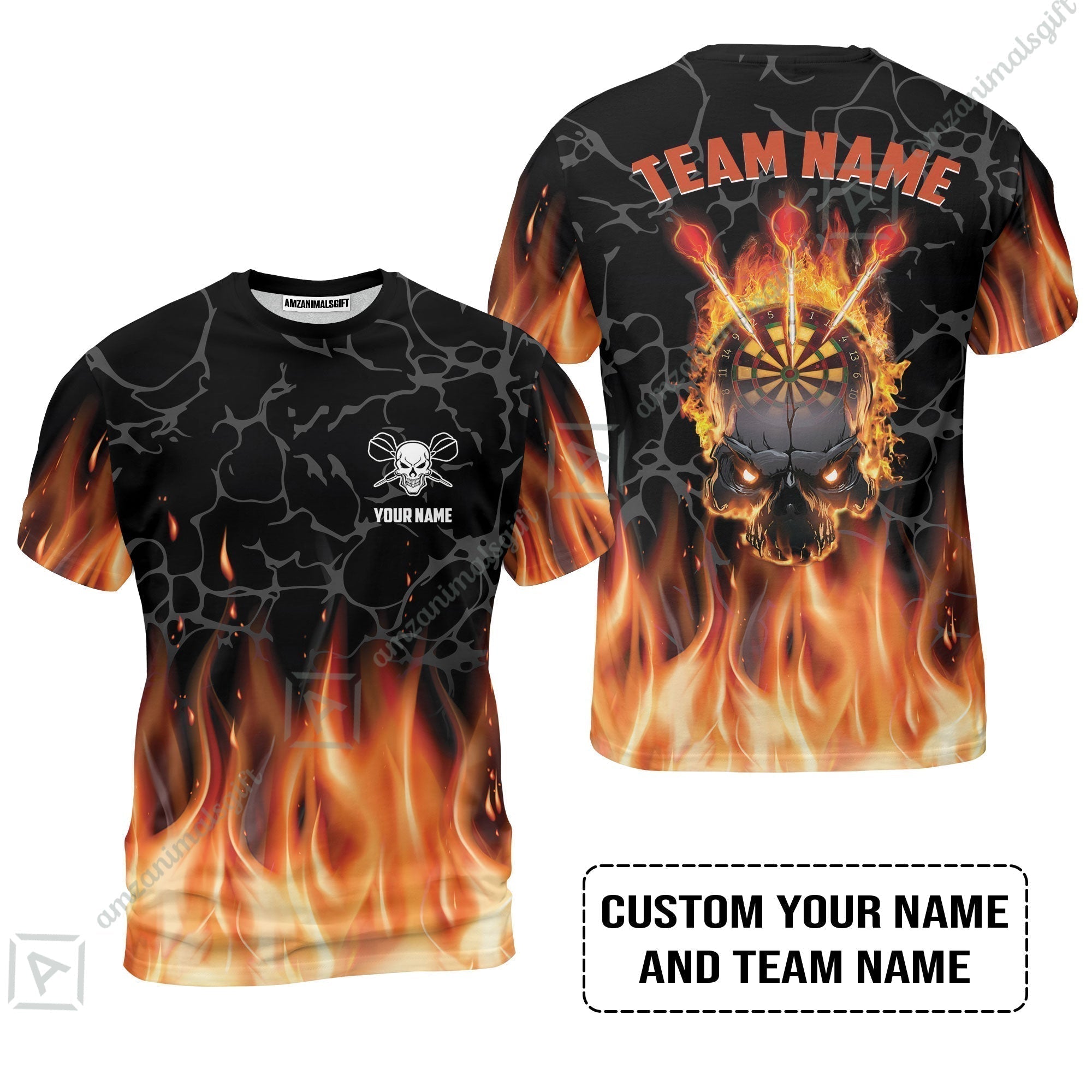 Personalized Darts T-Shirt - Custom Name & Team Name Orange Flame Skull Darts T-Shirt