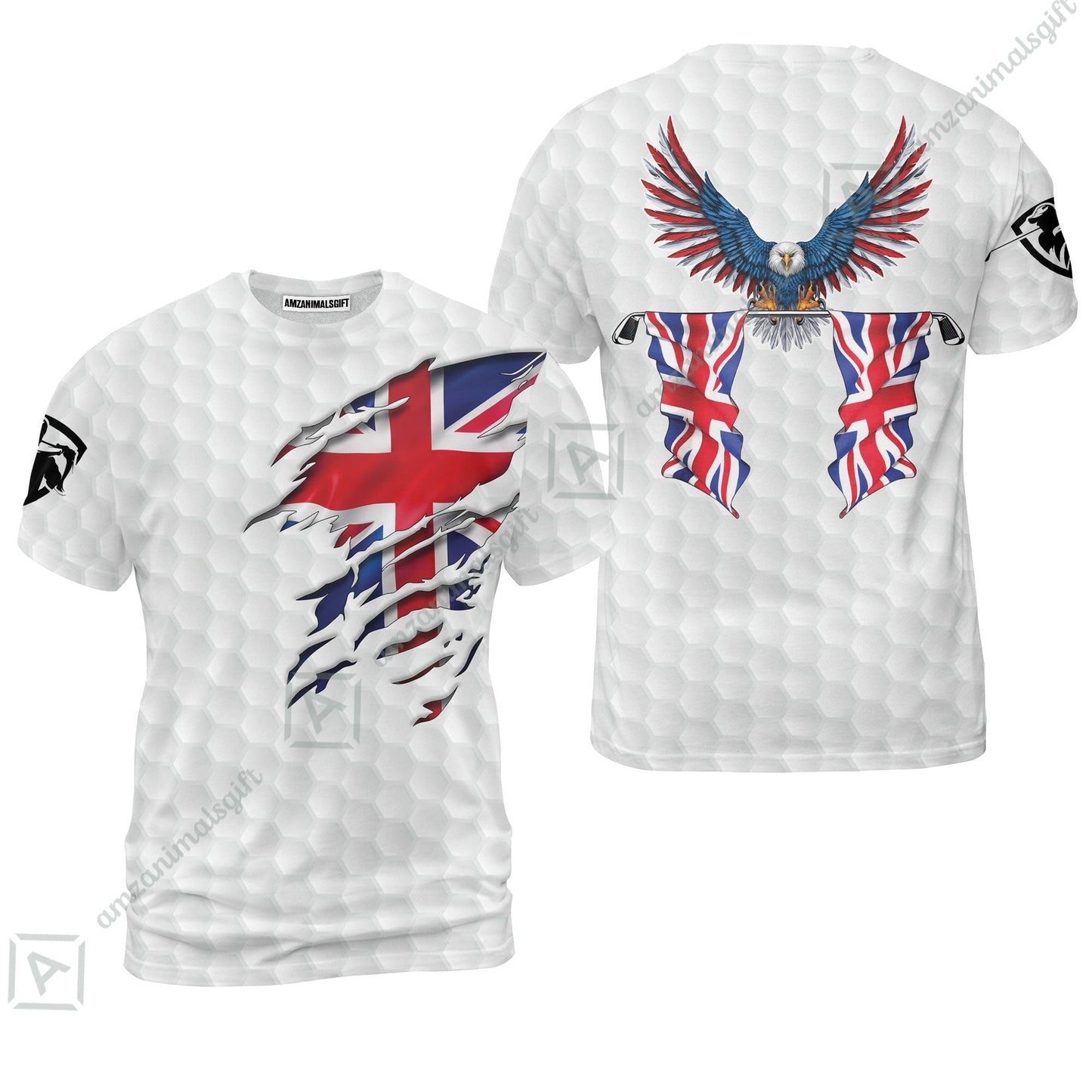 United Kingdom Eagle Flag Zip Polo Shirt, Golf Pattern Ripped Great Britain Jack Shirt, UK Golf Zip Polo Shirt