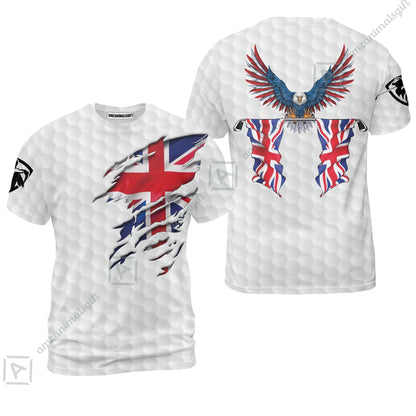 United Kingdom Eagle Flag Zip Polo Shirt, Golf Pattern Ripped Great Britain Jack Shirt, UK Golf Zip Polo Shirt