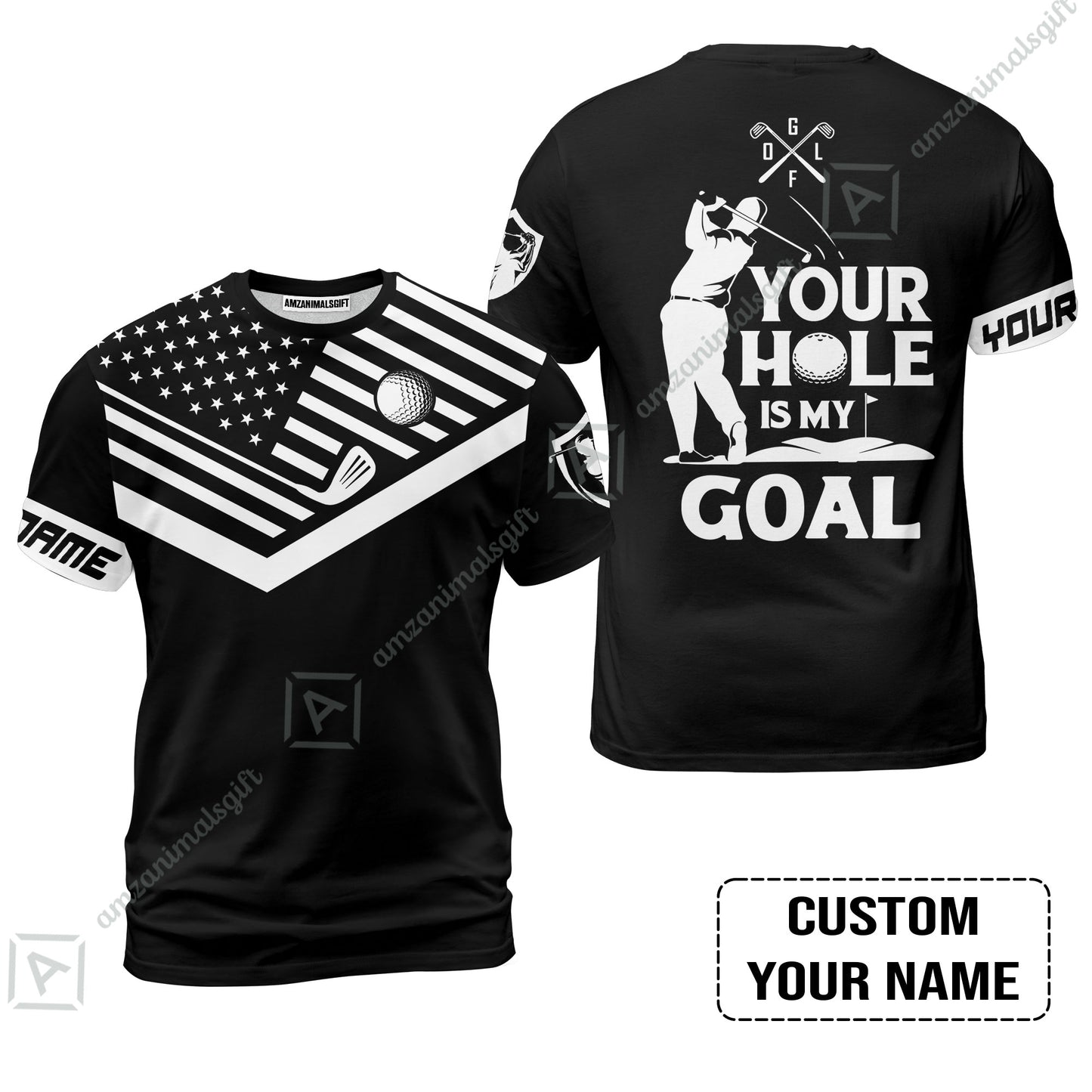 Custom Golf Polo Shirt - Your Hole Is My Goal Custom Name Black American Flag Men Polo Shirt