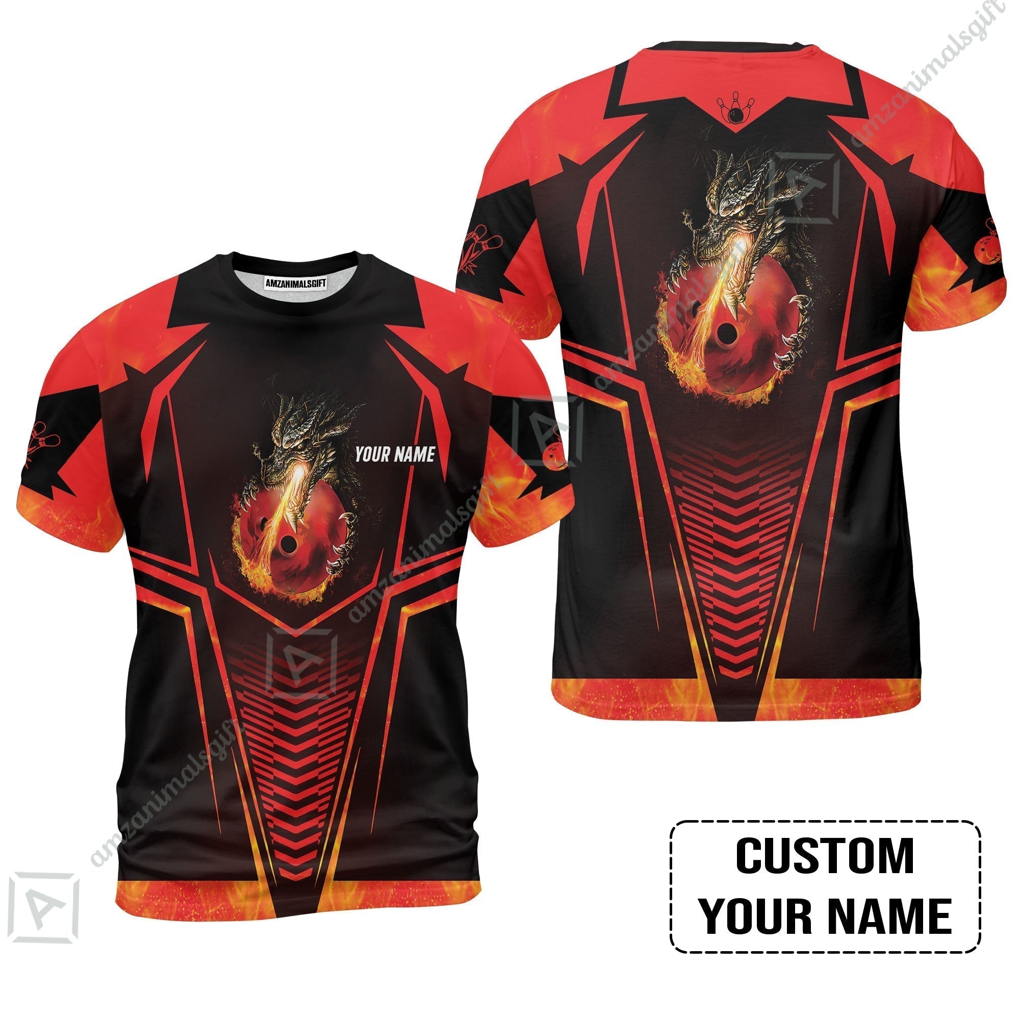 Bowling Custom T-Shirt, Custom Name Dragon Fire Flame Personalized Bowling T-Shirt