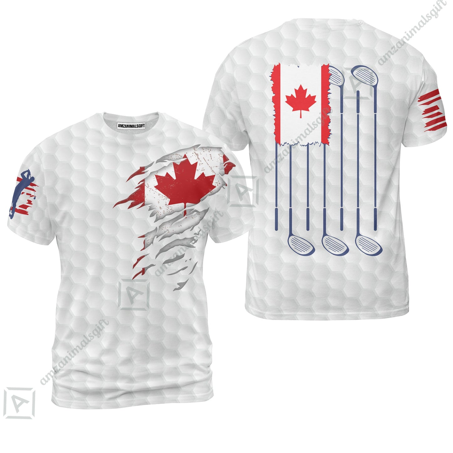 Golf Canada Flag Zip Polo Shirt, Red Maple Leaf Golfing Shirt, Canadian Golf Zip Polo Shirt