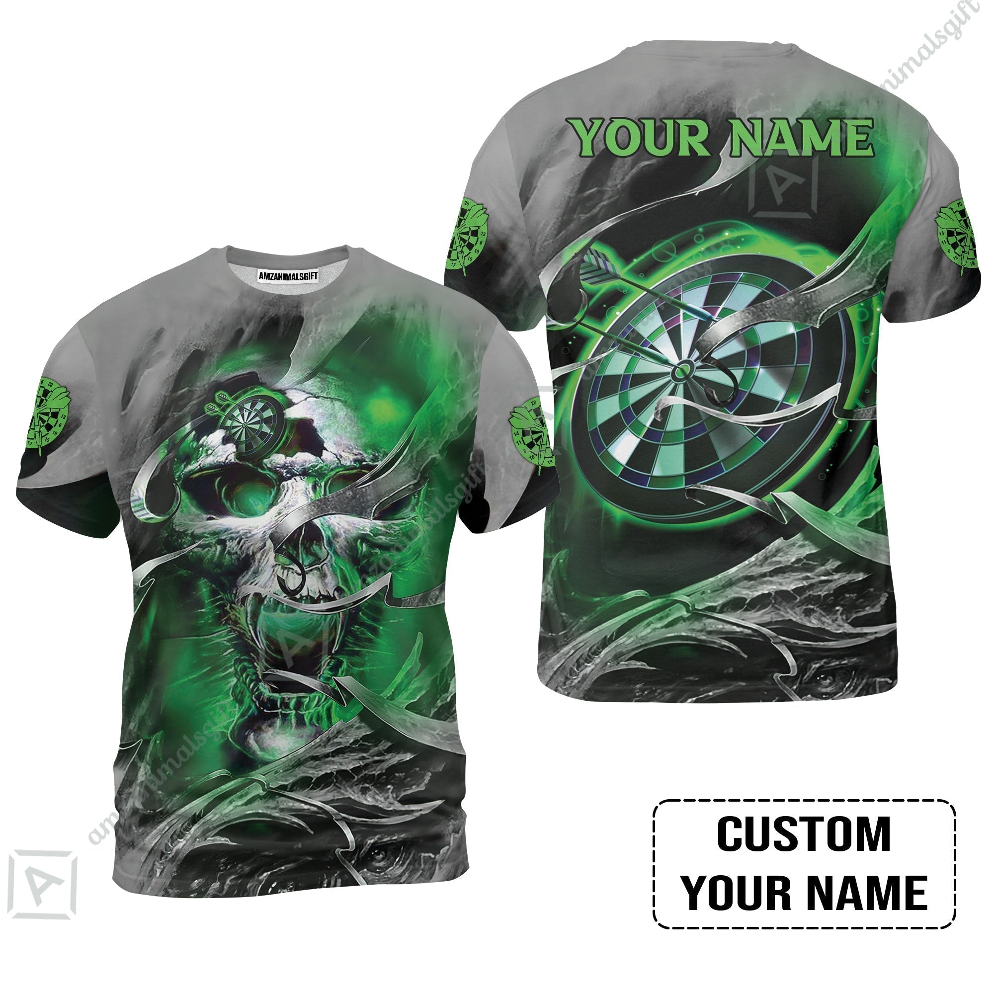 Customized Name Darts T-Shirt, Green Skull Light Dartboard Personalized T-Shirt