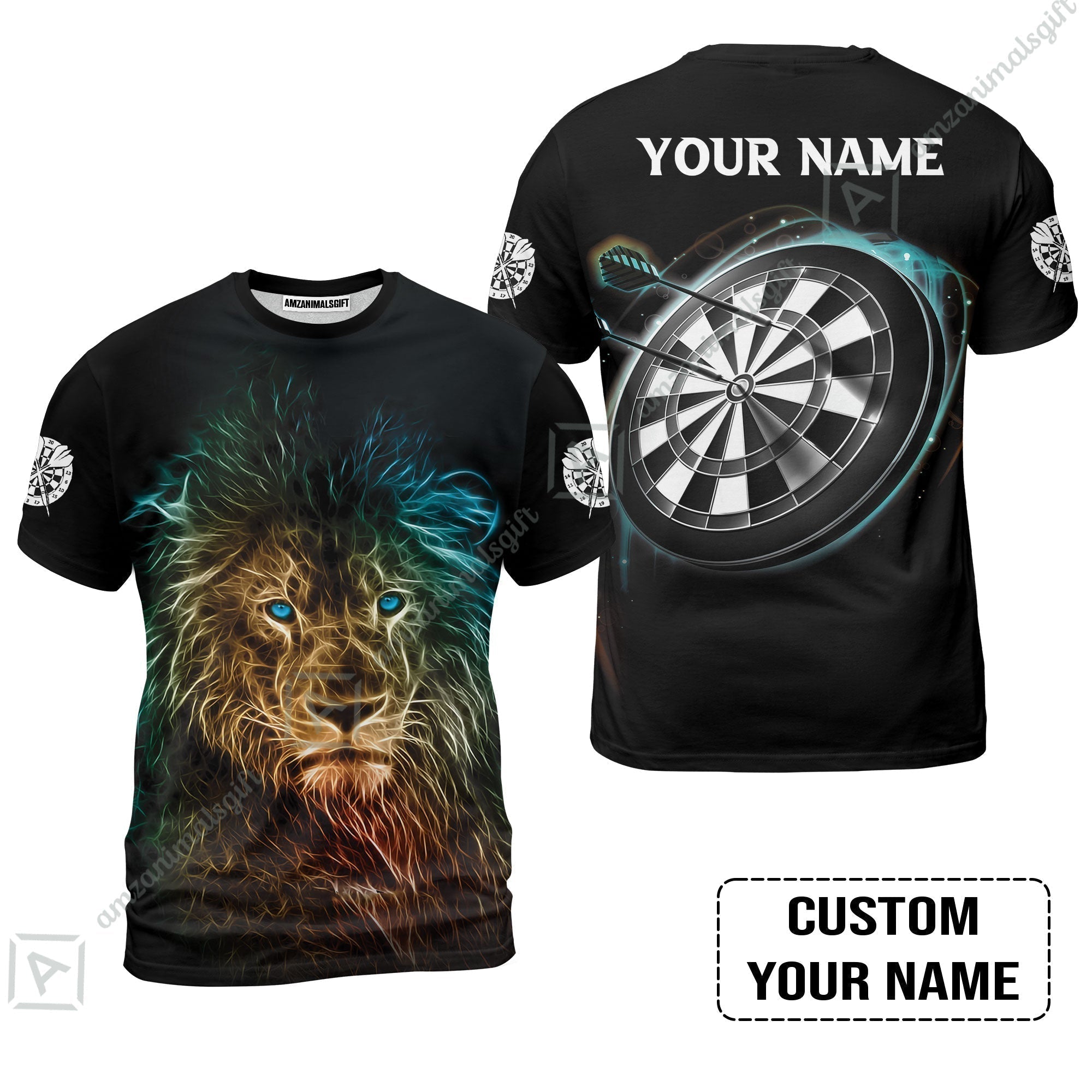 Customized Name Darts T-Shirt, Blue Bullseye Dartboard Personalized Lion And Darts T-Shirt