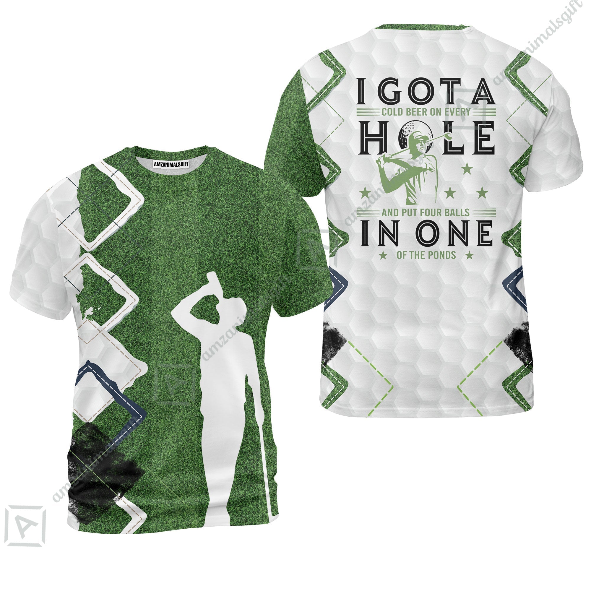 Golf T-Shirt - Green Argyle Golf Shirt, I Got A Cold Beer On Every Hole In One T-Shirt