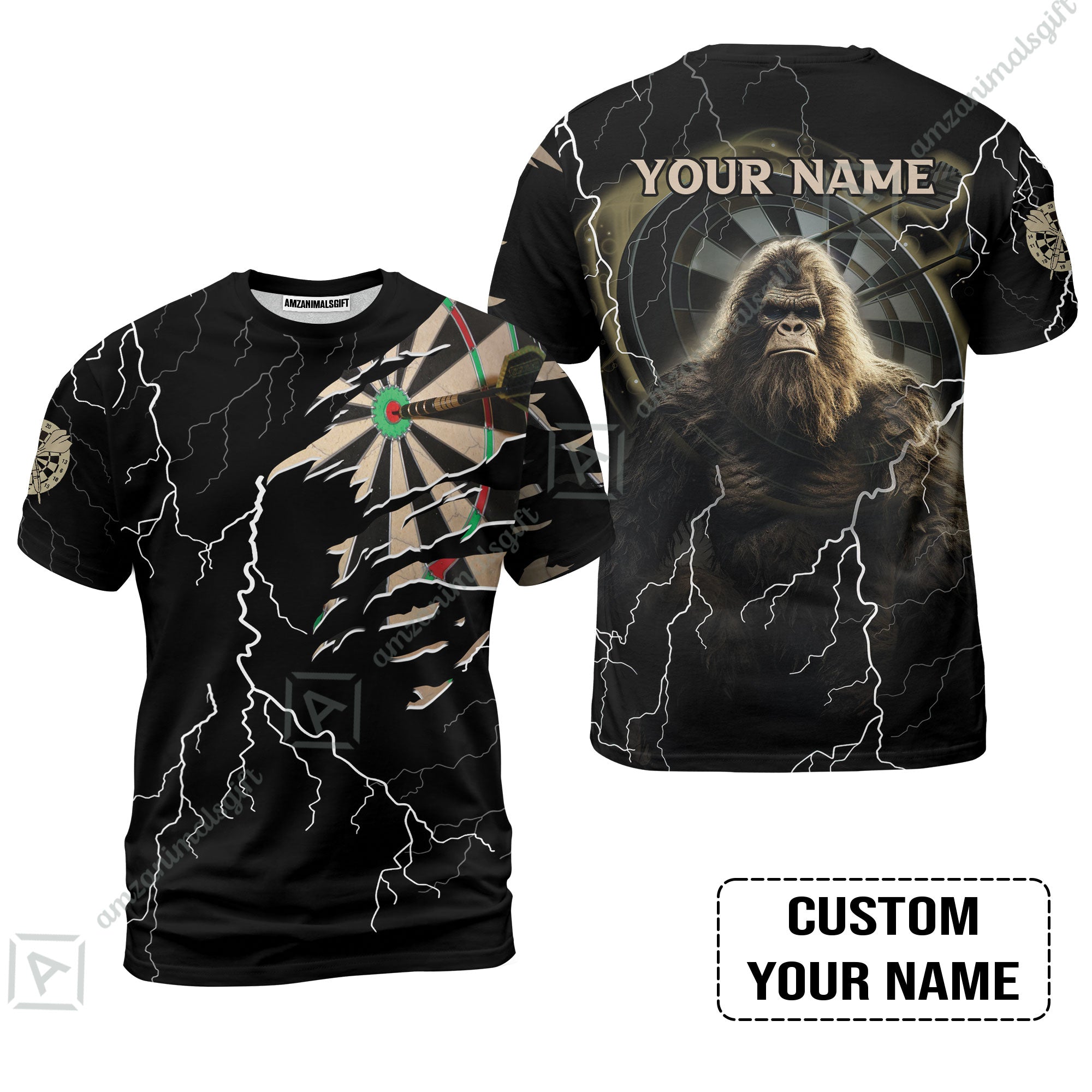 Customized Name Darts T-Shirt, Bullseye Dartboard Personalized Bigfoot And Darts T-Shirt