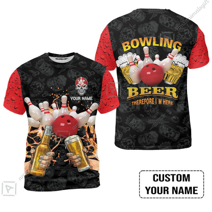 Bowling Long Polo Shirt Custom Name, Bowling and Beer Black Red Therefore I'm Here Personalized Long Polo Shirt