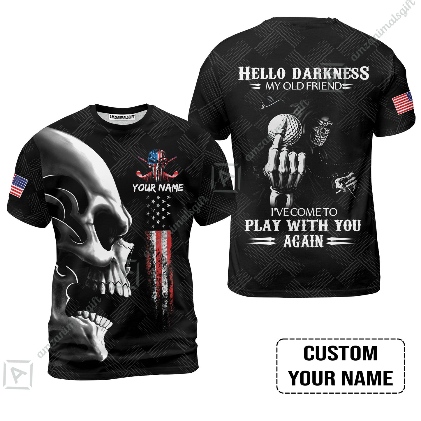 Personalized Golf Long Polo Shirt - Custom Name Skull Shirt, Golf American Flag Hello Darkness My Old Friend Long Polo Shirt