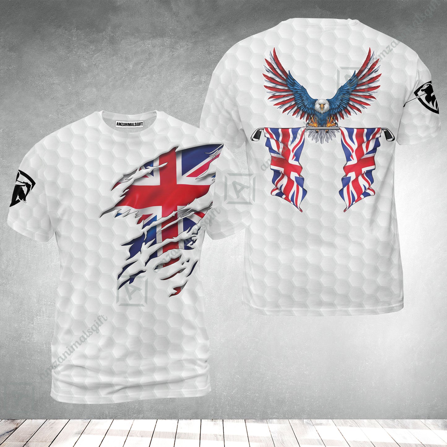 United Kingdom Eagle Flag T-Shirt, Golf Pattern Ripped Great Britain Jack Shirt, UK Golf T-Shirt