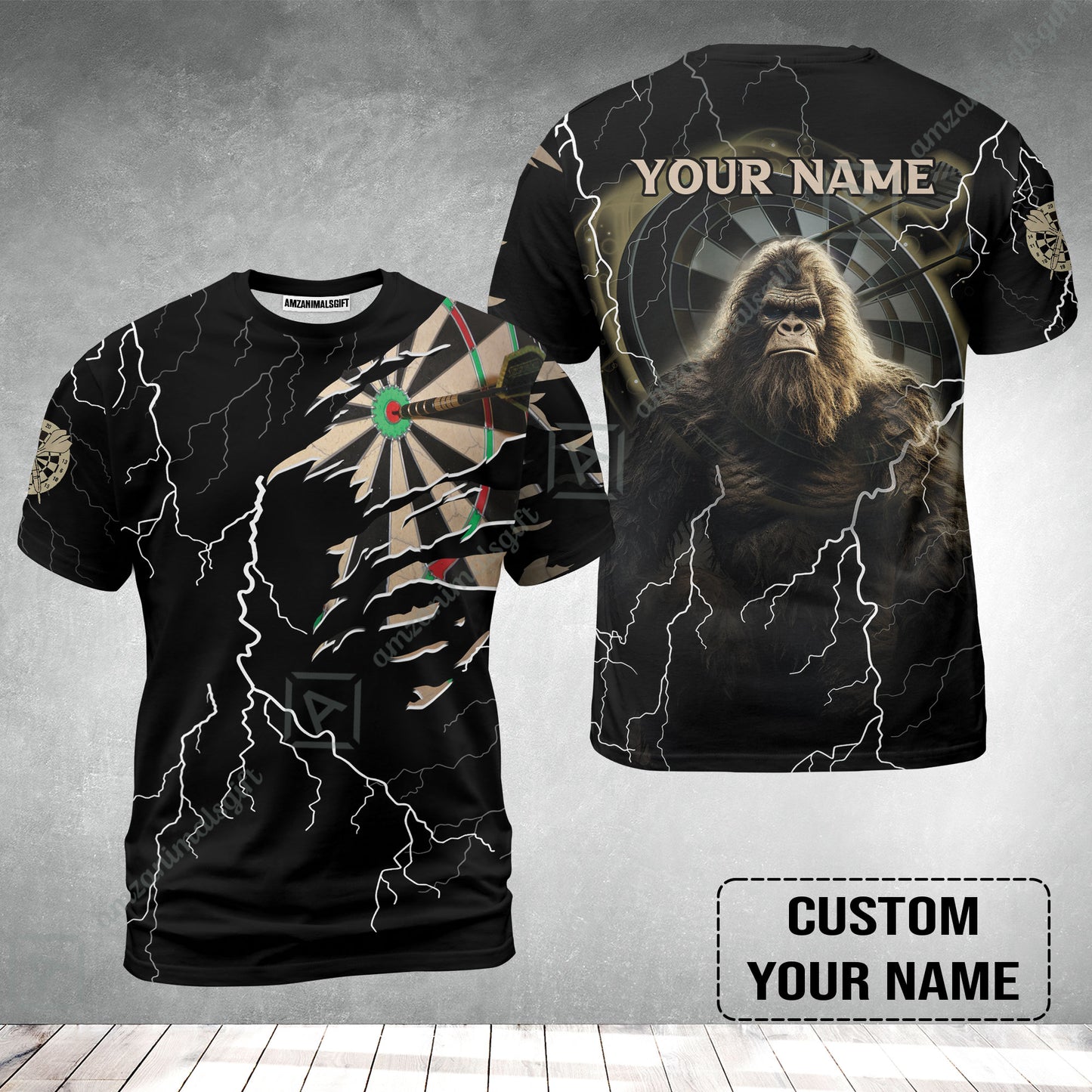 Customized Name Darts T-Shirt, Bullseye Dartboard Personalized Bigfoot And Darts T-Shirt
