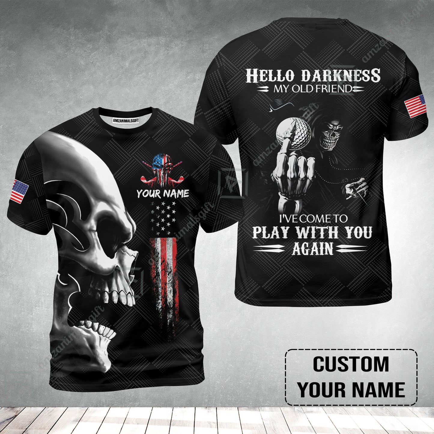 Personalized Golf T-Shirt - Custom Name Skull Shirt, Golf American Flag Hello Darkness My Old Friend T-Shirt