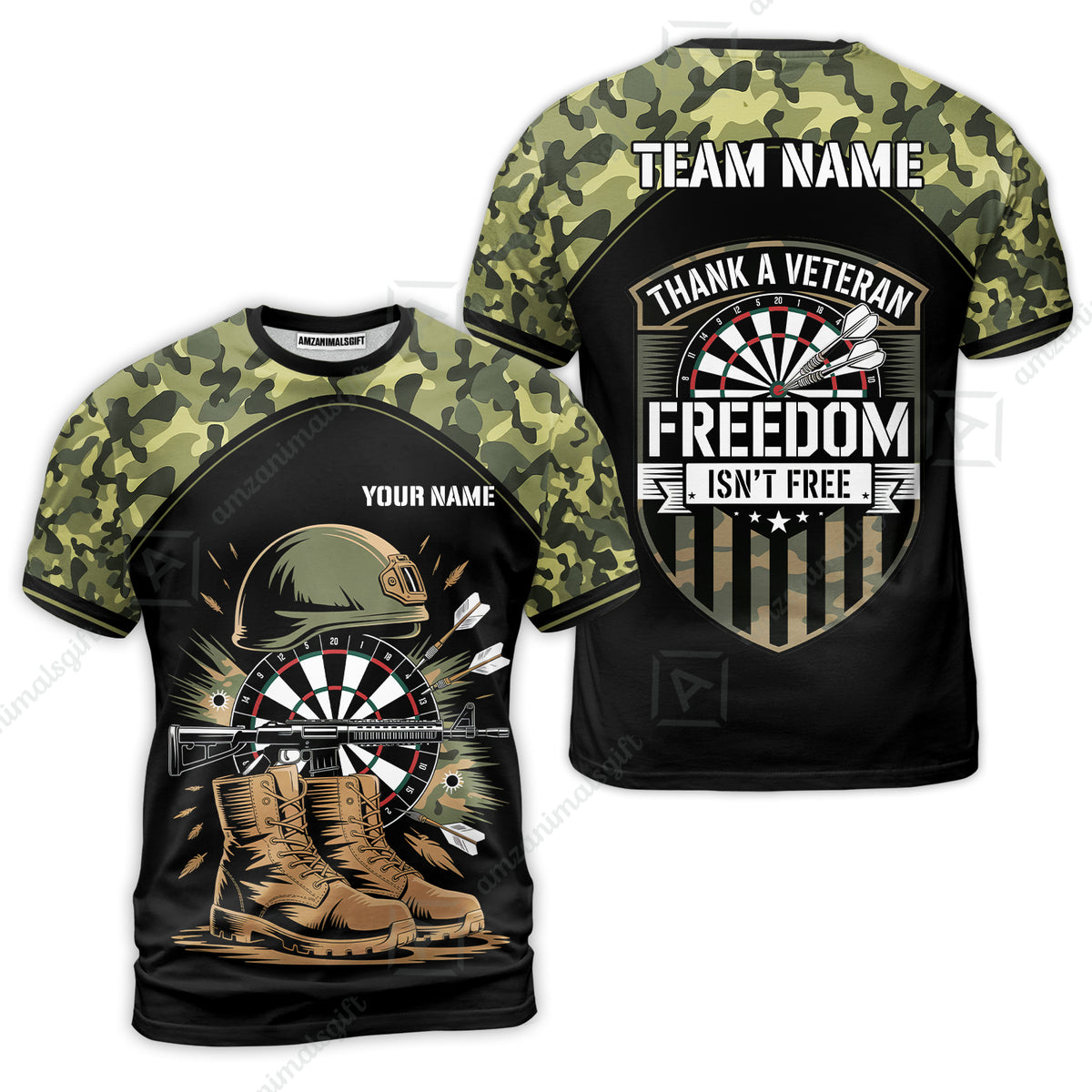 Custom Military Green Camouflage Dartboard Collar Quater-Zip Jersey Team Shirts, Customized Name Team Name Darts Team Jerseys Uniform