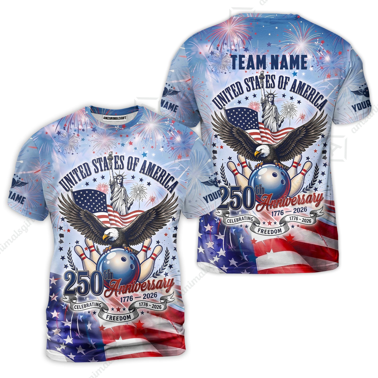 Custom Bowling Jersey Polo Shirt, 250 Years Anniversary USA, Personalize Name and Team Name