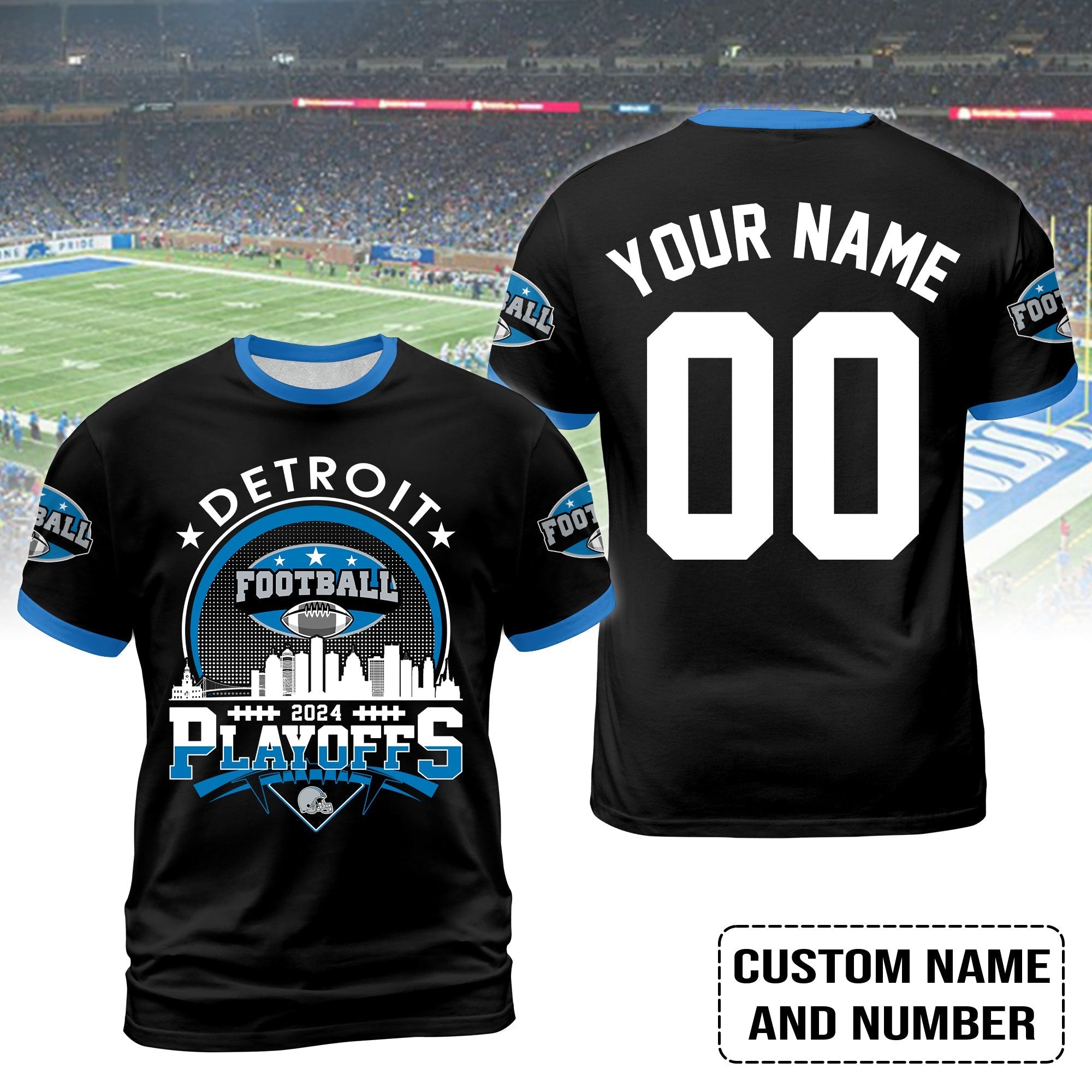 Detroit Football 2023-2024 Playoffs Skyline Custom Name T-Shirt, Detroit Game Day T-Shirt, Playoffs Shirts For Detroit Football Fans